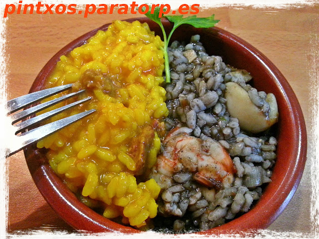 Pintxo de arroz bicolor de carne y marisco - Receta Fácil Paso a Paso